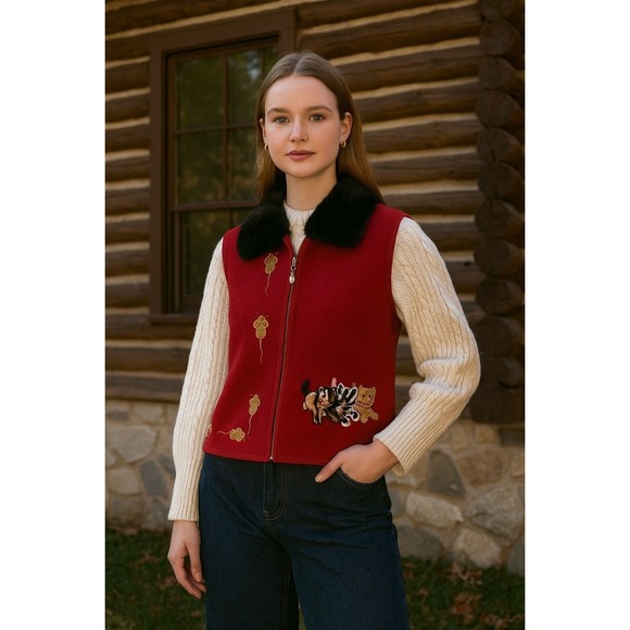 VTG Lisa International Boiled Wool Red Vest Sweater Faux Fur Cats Mice Large - Picture 11 of 11